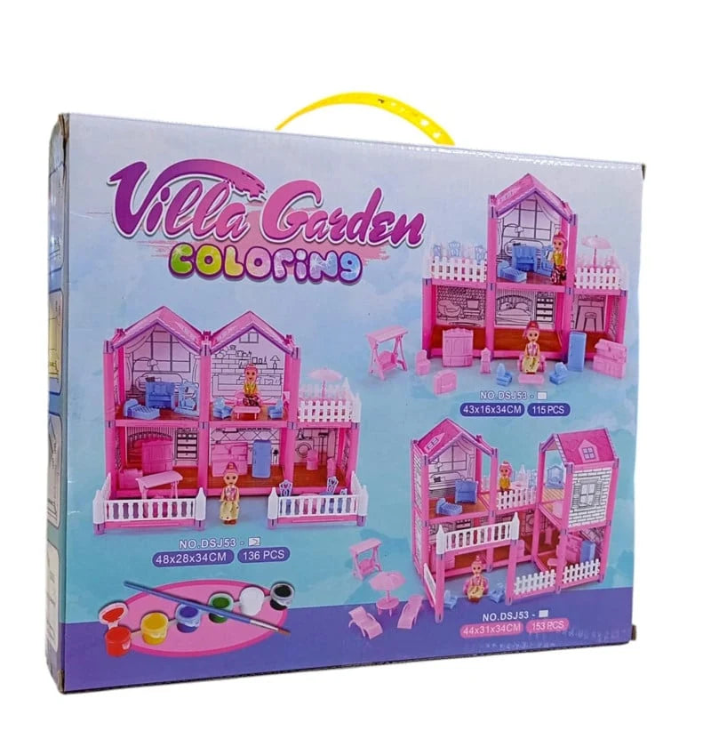 DreamVilla 172-Piece Villa Dollhouse Playset for Girls – DIY Coloring House with Dolls & Furniture