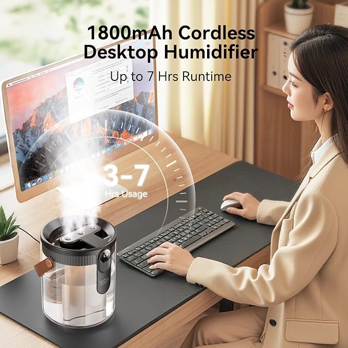 MistGlow 1800mAh Dual Mist Humidifier with Ambient Light | Portable Rechargeable Air Humidifier
