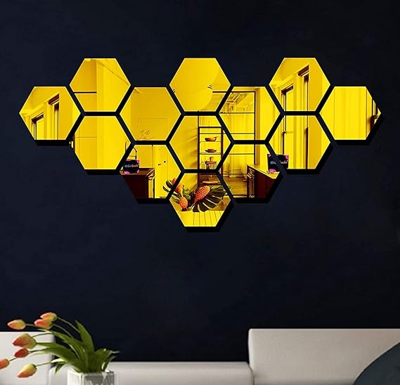HexaGlow Acrylic Mirror Wall Stickers | 13-Piece Hexagon Wall Décor Set